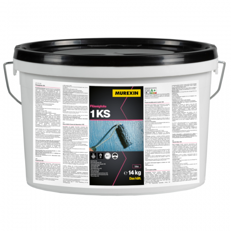 Murexin Flüssigfolie 1KS - 1-K Polymerdispersion (DM). Gebrauchsfertige, schnell trocknende, lösemittelfreie, wasserundurchlässige, flexible, zweifärbige, naht- und fugenlose, rissüberbrückende, 1K-Verbundabdichtung auf Dispersionsbasis für den Innenbereich