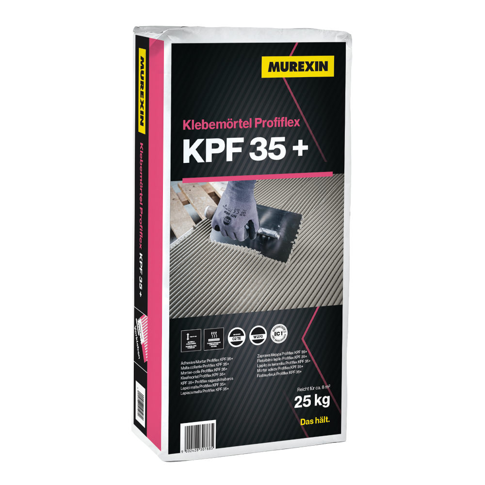 Murexin Klebemörtel Profiflex KPF 35+ - Pulverförmiger, wasser- und frostfester, hydraulisch abbindender, kunststoffmodifizierter und standfester Klebemörtel. Zur Verlegung bis 10 mm Schichtstärke von keramischen Fliesen und Platten aus Steingut, Steinzeug und Feinsteinzeug bis Format 30 x 60 cm an Wand und Boden, innen und außen